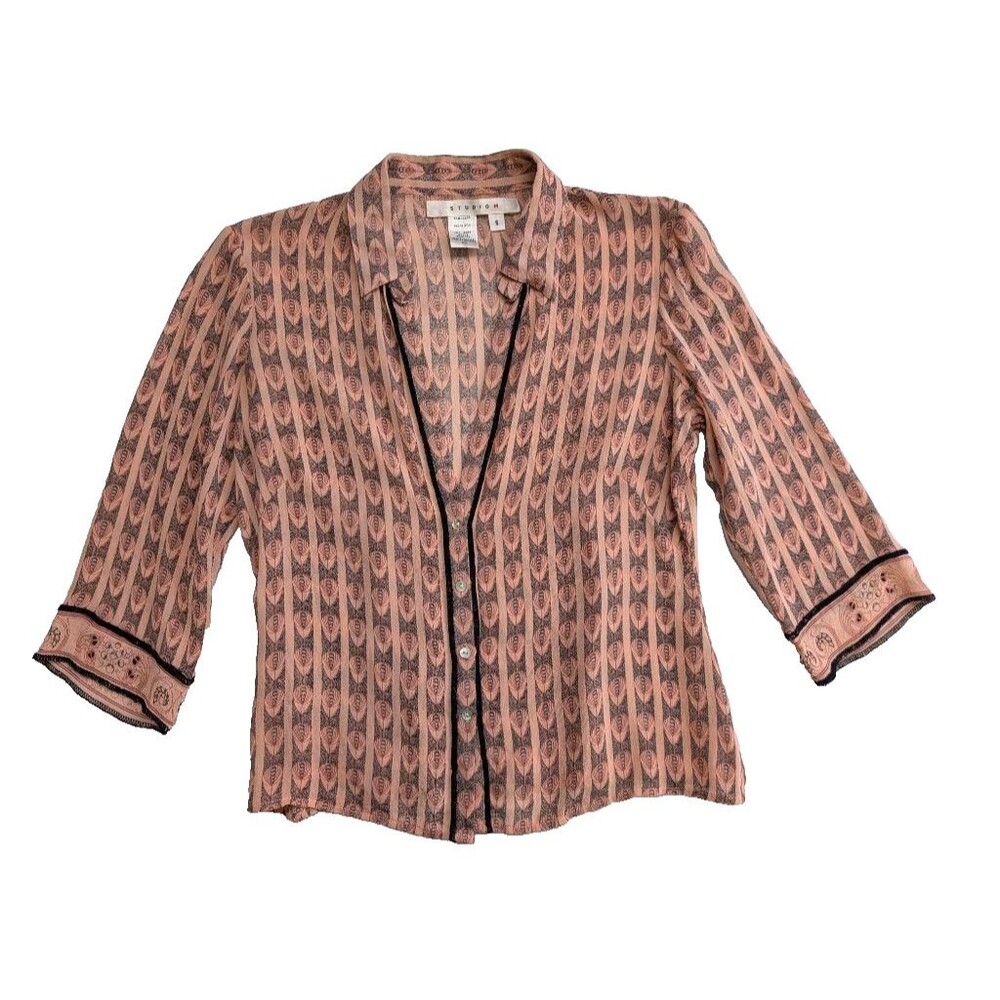 Vintage Studio M 100% Silk Blouse Top S Pink Black Paisley Print Button Front